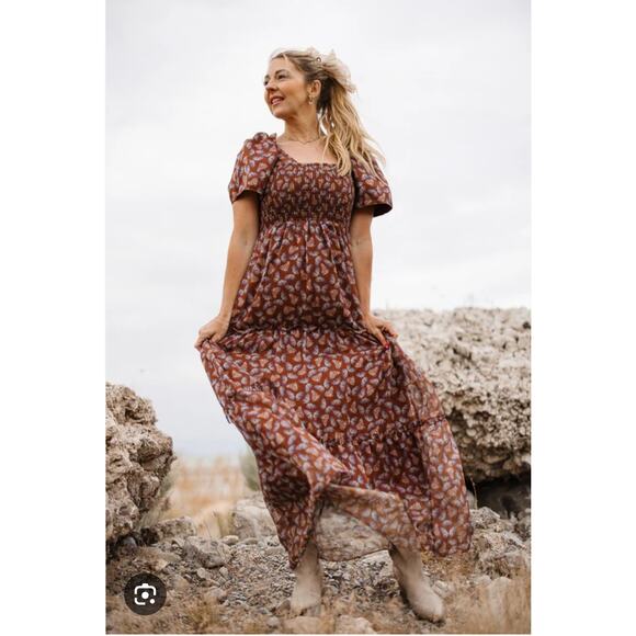 Ivy City Co Dresses & Skirts - Ivy City Co Plus Sz 4X Butterfly Smocked Sundress Puff Sleeve Brown Cottagecore